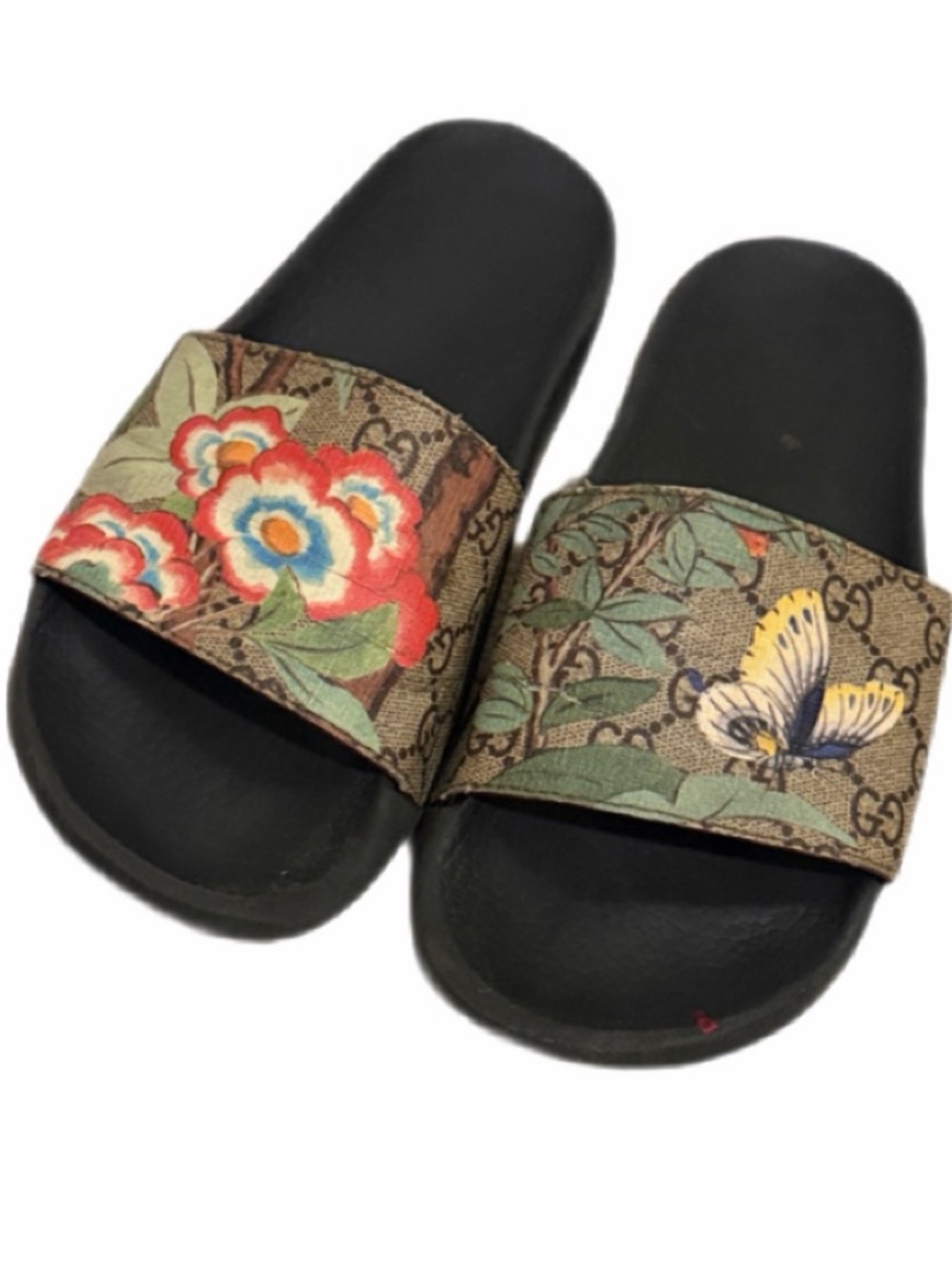 Gucci Tian Bloom Flora Bird Slides- monogram with bright color accents Great ❤️